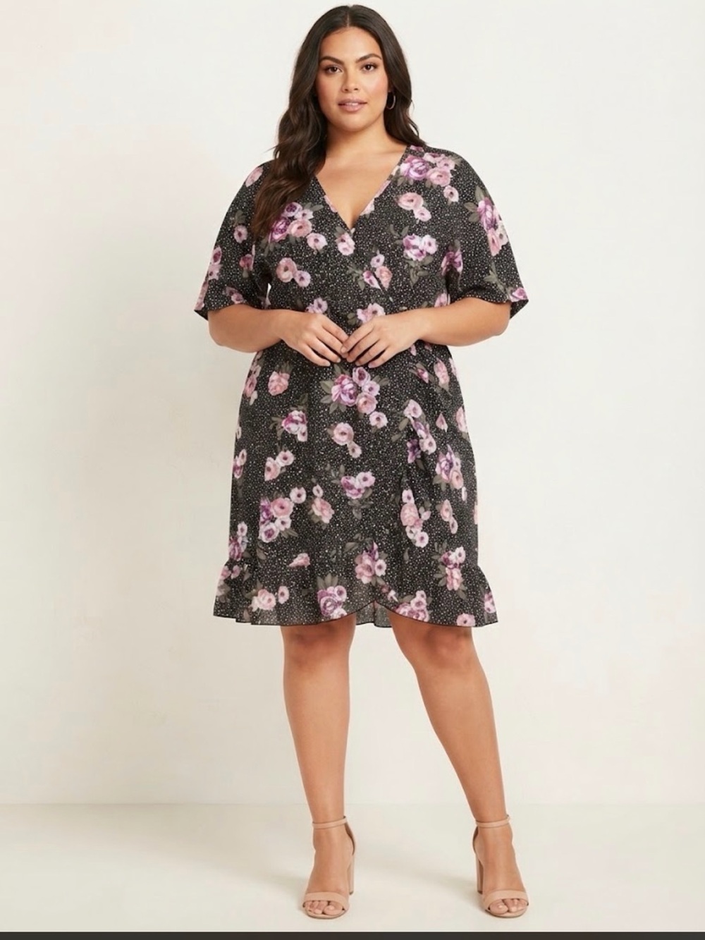 Love & Legend Sz 18 Black Floral Wrap-Front Women’s Midi Dress